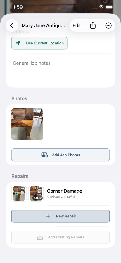 A Touch-Up Mixer Job with shared photos and a saved Repair.