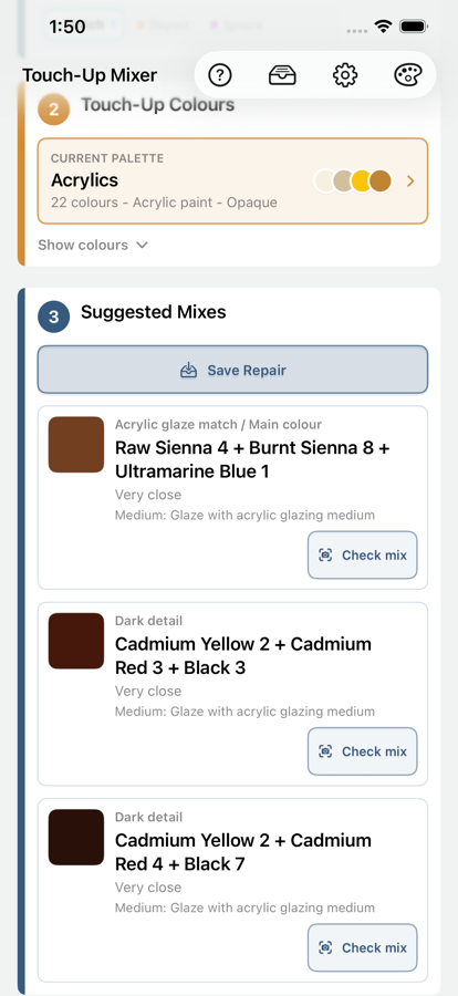 Suggested practical repair mixes with check mix actions.