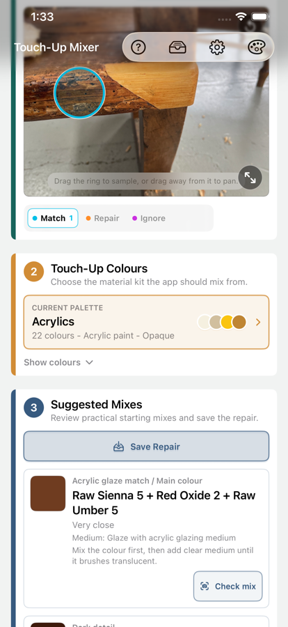 Touch-Up Mixer showing a repair photo, palette, and suggested mixes.